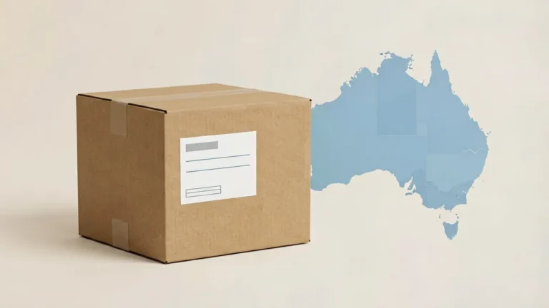 Plain unbranded cardboard delivery parcel next to an outline map of Australia, illustrating a delivery address support topic for Australian adults