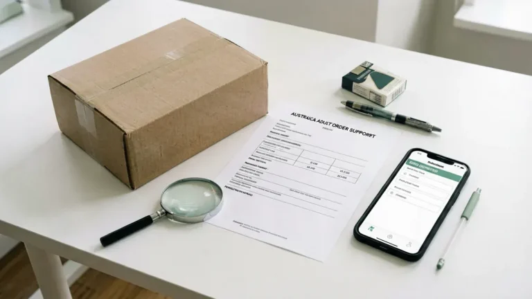 Sealed parcel, blank checklist, pen and phone prepared for a return enquiry