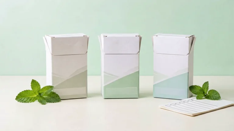 Unbranded carton-shaped packages arranged beside a comparison checklist