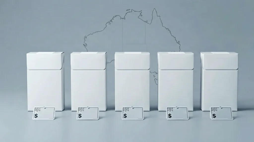 Plain unbranded white cigarette cartons in a row with neutral price tags and an outline map of Australia, illustrating a carton price guide for Australian adults
