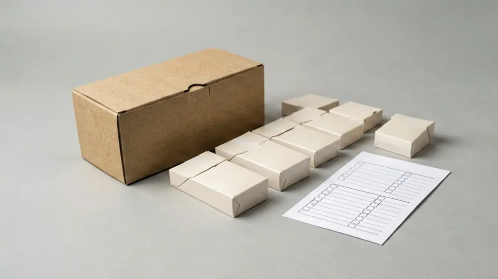 Unbranded cigarette carton and pack-shaped boxes beside a product checklist
