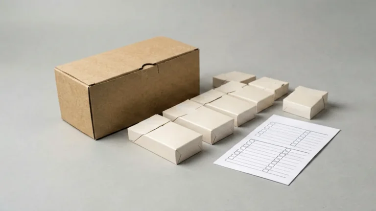 Unbranded cigarette carton and pack-shaped boxes beside a product checklist