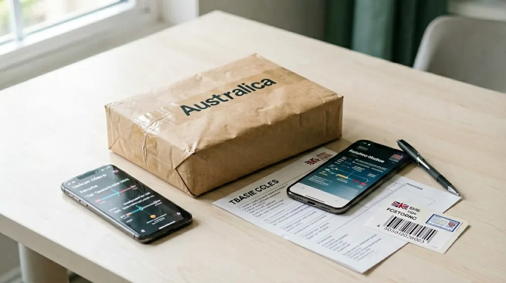 Sealed parcel beside a phone tracking timeline, order record and Australian postcode label