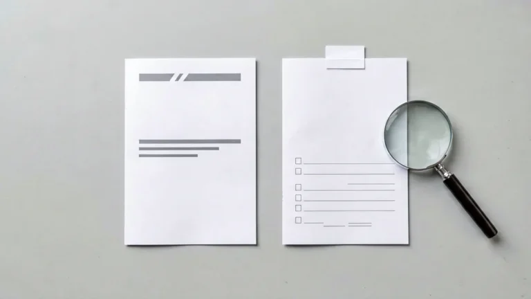 Two neutral catalogue cards beside a magnifying glass and inventory checklist