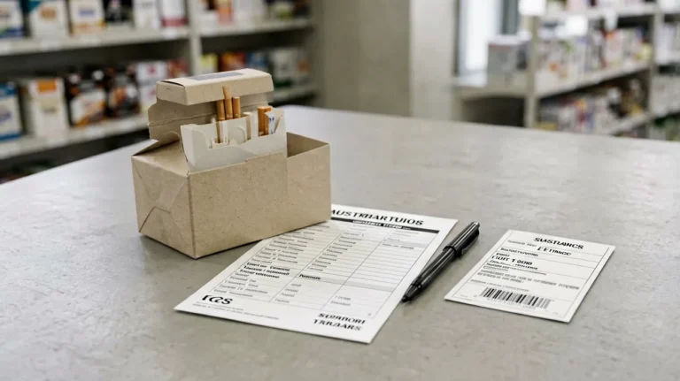 Plain carton-shaped package beside an order record and delivery label