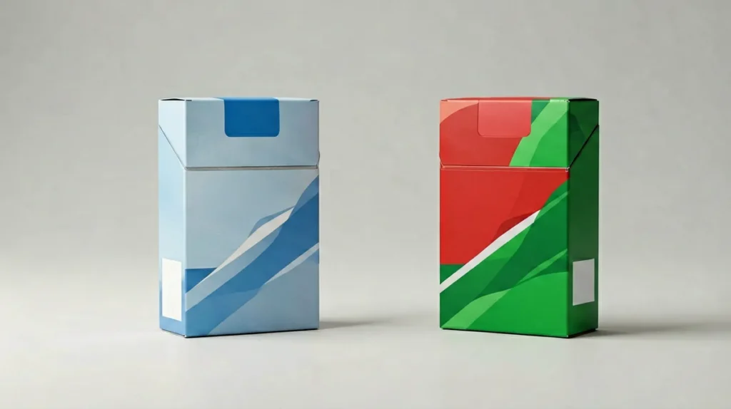 Unbranded carton comparison scene with two distinct colour accents