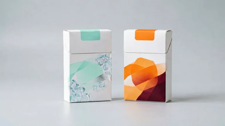 Two plain unbranded cigarette cartons side by side, one with cool mint-blue ice accents and one with warm orange and wine-red accents, representing the ESSE Change Mint Ice Blast and Change Double Applemint carton listings