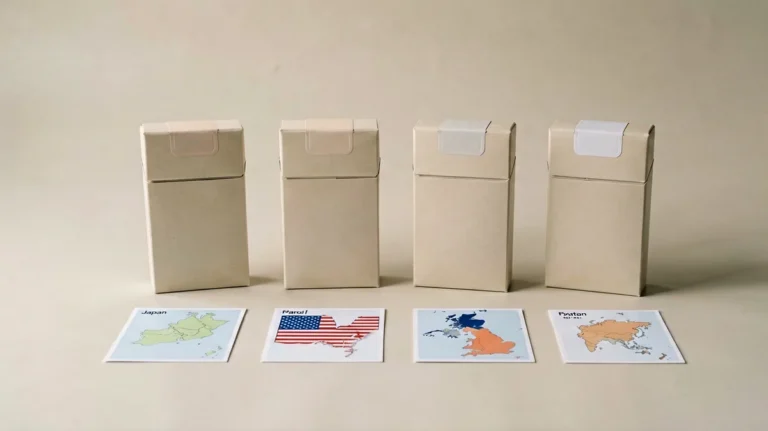 Plain unbranded cartons arranged for comparing Australian catalogue origin labels