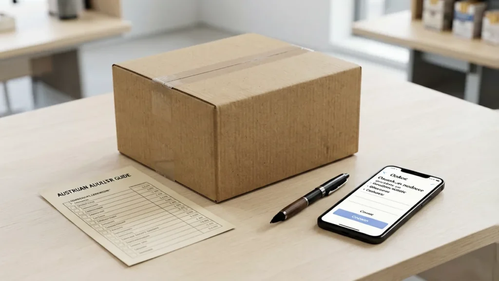 Sealed shipping carton beside an order checklist and smartphone