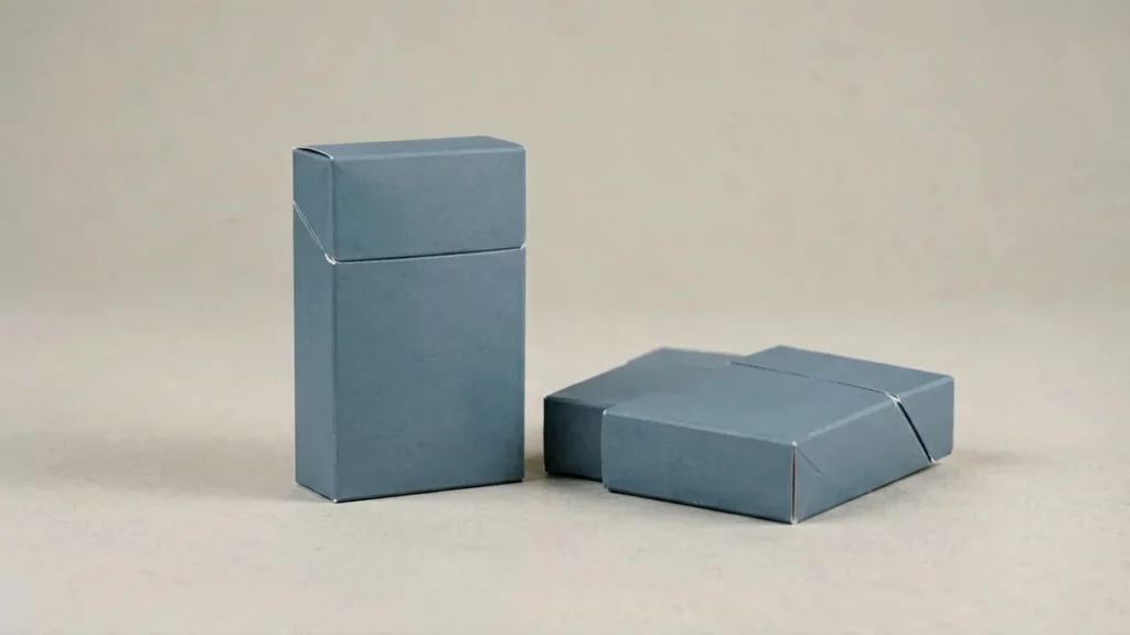 Editorial still life of a plain unmarked cigarette carton beside two unmarked packs on a neutral studio surface