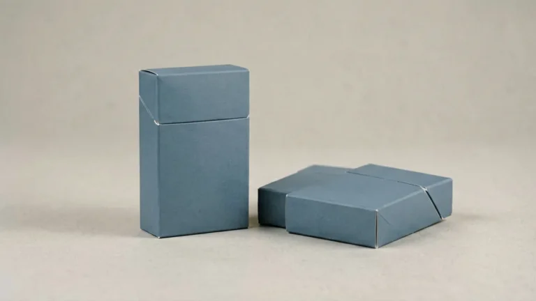 Editorial still life of a plain unmarked cigarette carton beside two unmarked packs on a neutral studio surface
