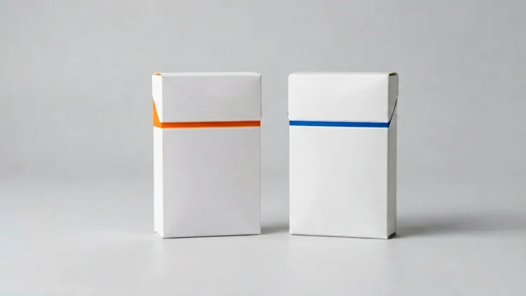 Two plain unlabelled cigarette cartons side by side, one with an orange accent and one with a blue accent, representing a comparison of two catalogue listings
