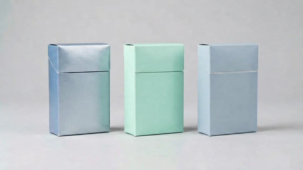 Three plain unbranded cigarette cartons in silver-blue, mint-green and light blue-grey tones on a light studio surface, illustrating how the word Lights appears in different Zavorax catalogue listing names