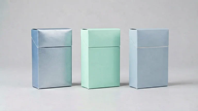 Three plain unbranded cigarette cartons in silver-blue, mint-green and light blue-grey tones on a light studio surface, illustrating how the word Lights appears in different Zavorax catalogue listing names