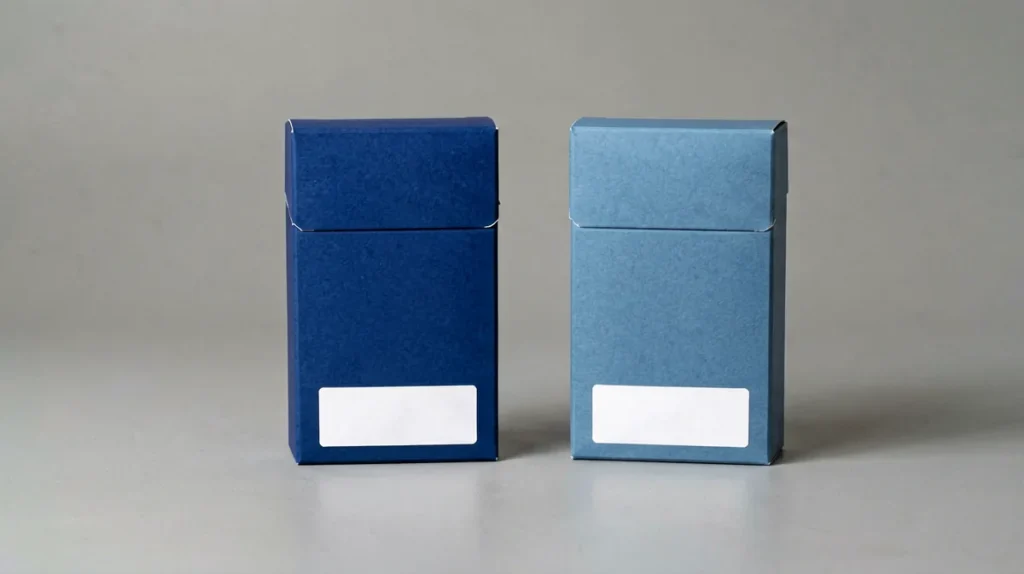 Two plain unbranded blue carton boxes side by side for a catalogue comparison