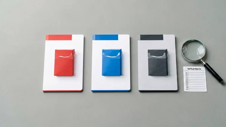 Three unbranded catalogue cards with red, blue and charcoal accents beside a comparison checklist