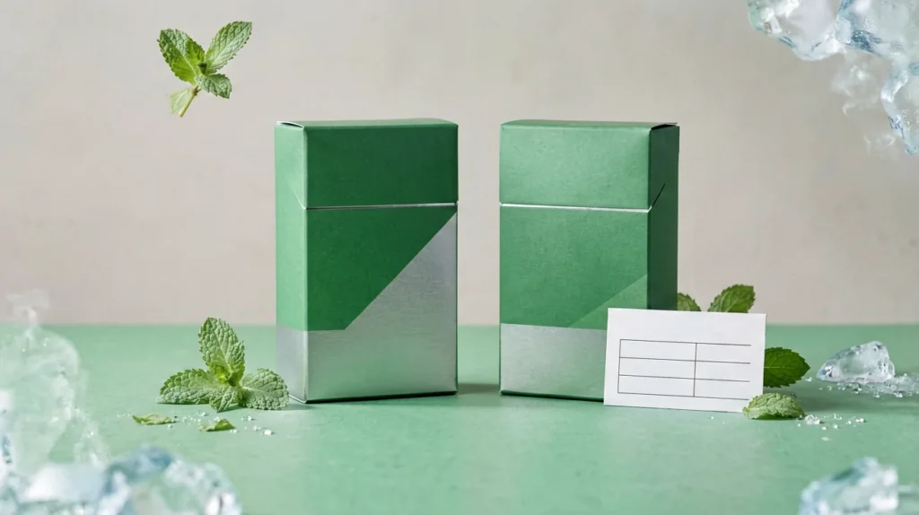 Unbranded green and silver carton comparison scene with mint and ice details