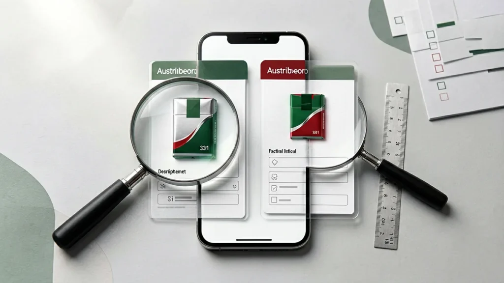 Smartphone catalogue comparison with a magnifying glass, ruler and verification checklist
