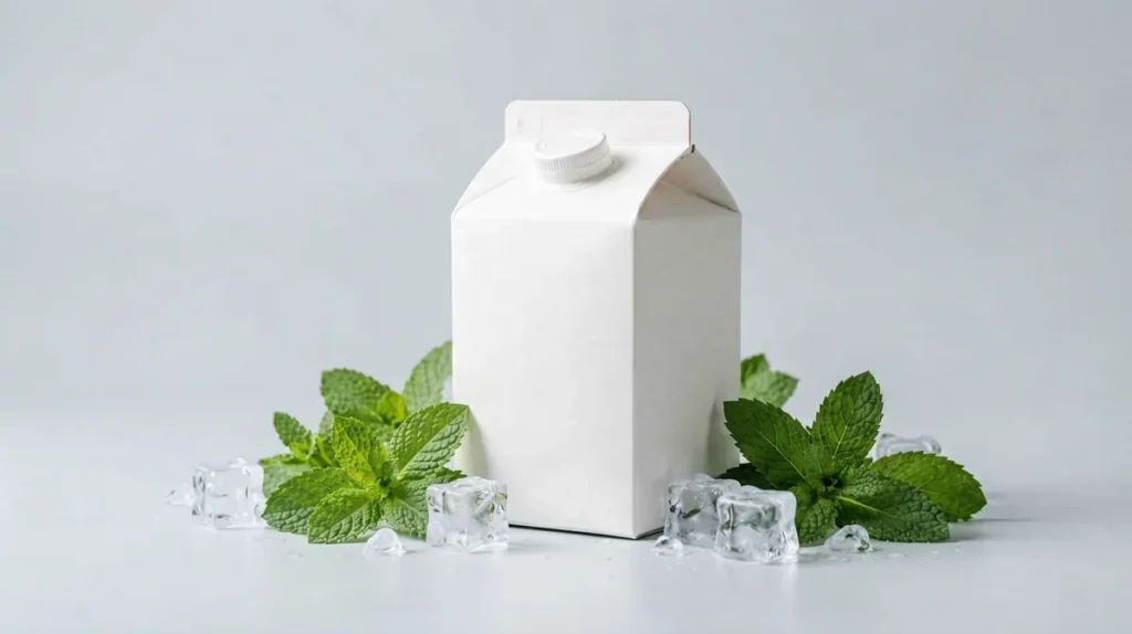 Plain unlabelled white cigarette carton box beside fresh green mint leaves and clear ice cubes on a light grey background