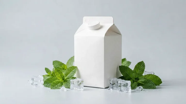 Plain unlabelled white cigarette carton box beside fresh green mint leaves and clear ice cubes on a light grey background