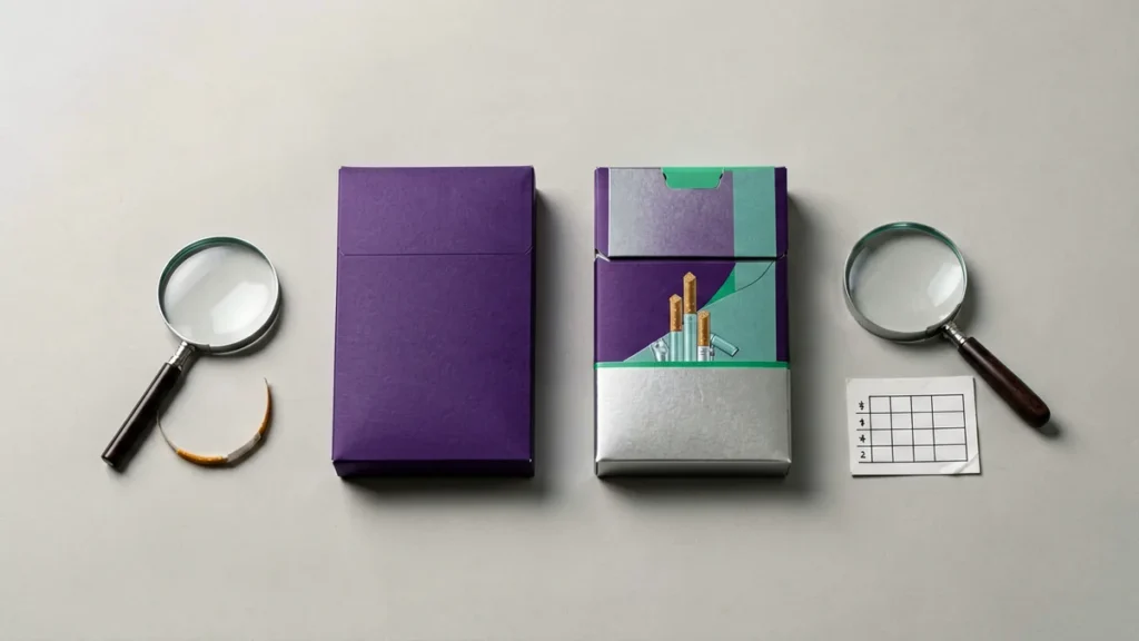 Unbranded violet and silver catalogue cards arranged for a variant comparison