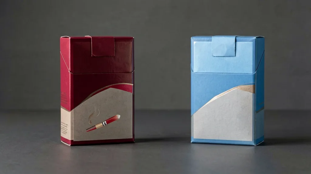 Editorial comparison image showing two unbranded cigarette carton silhouettes with red and blue accents