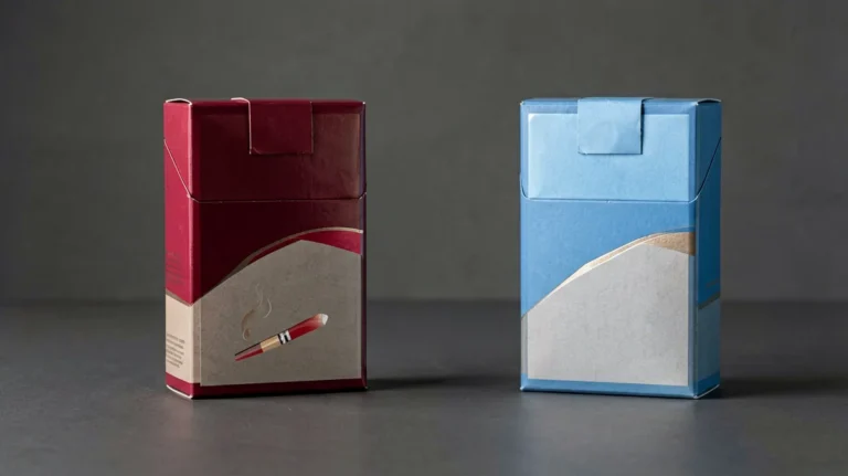 Editorial comparison image showing two unbranded cigarette carton silhouettes with red and blue accents