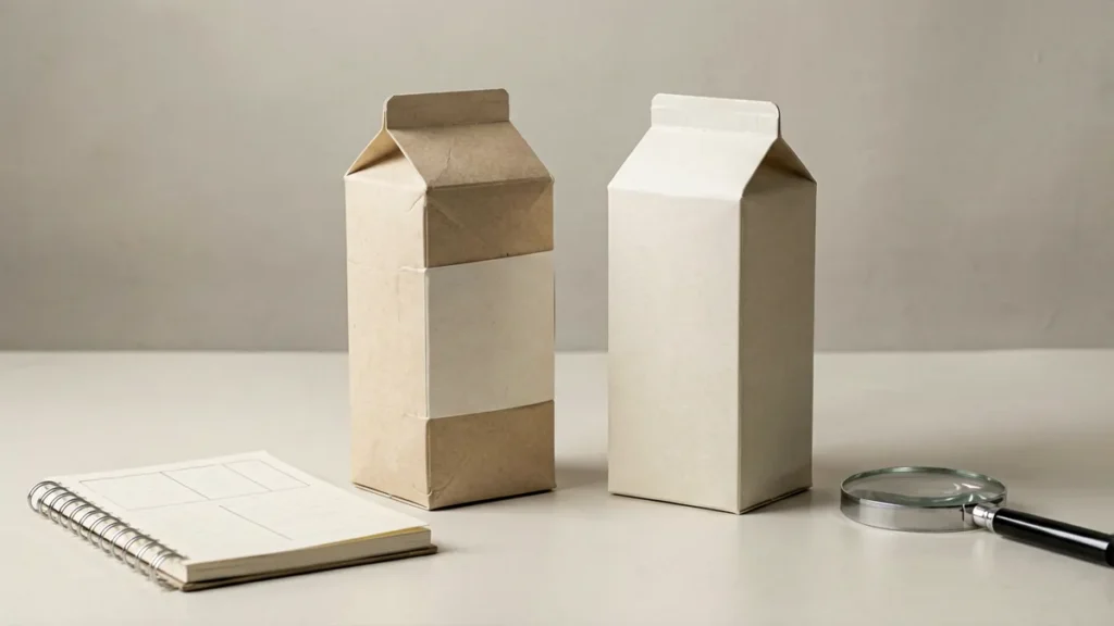 Neutral flexible and rigid packaging references on a catalogue desk