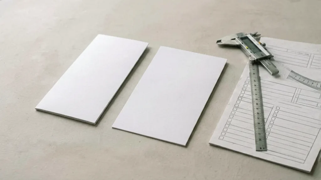 Unbranded narrow and standard catalogue cards beside measuring tools