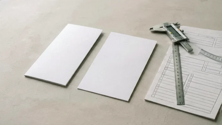 Unbranded narrow and standard catalogue cards beside measuring tools