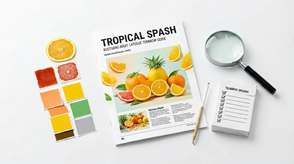 Catalogue terminology checklist with tropical colour swatches