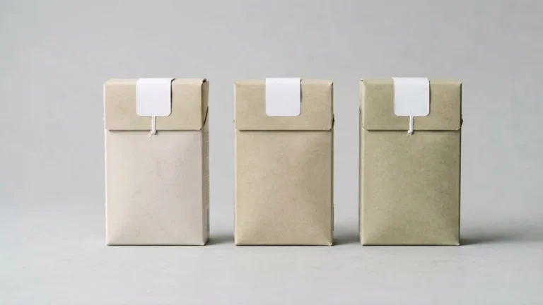 Three plain unlabelled cigarette cartons with blank label tags on a light studio surface, illustrating how edition labels in listing names identify different catalogue records