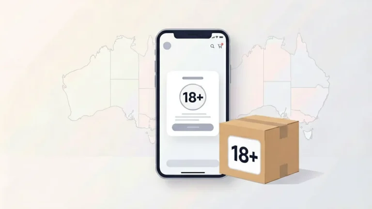 A smartphone showing an order confirmation beside a small cardboard parcel with an 18+ label and an outline map of Australia, illustrating the adult cigarette order journey