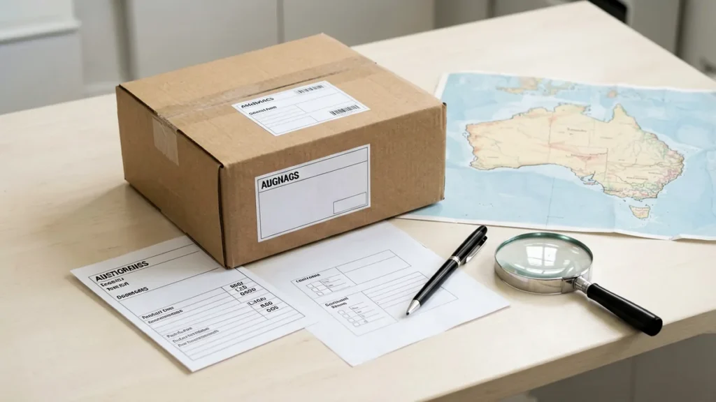 Australian parcel label and address checklist on a desk before an adult order