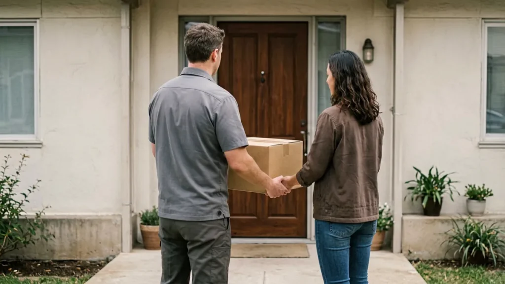 Adult receiving a plain sealed parcel delivery at a residential front door in Australia
