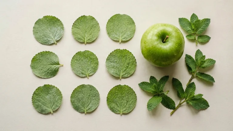 Fresh apple mint leaves with a whole green apple on a light background, representing the Applemint flavour descriptor used in ESSE Change Double cigarette listings
