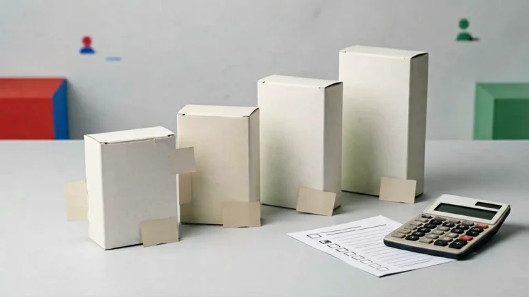 Four unbranded carton boxes arranged from lowest to higher price beside a comparison sheet