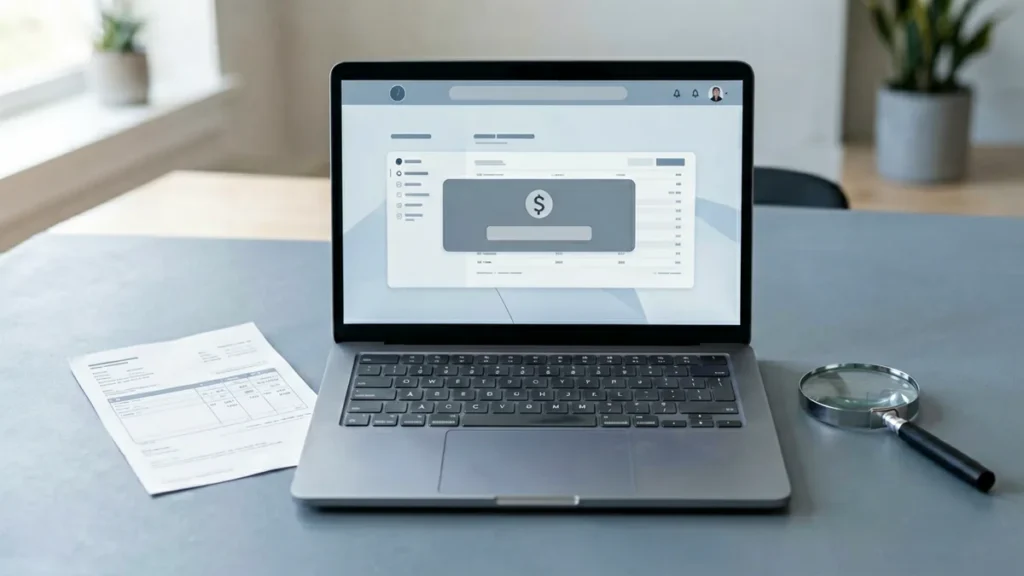 Laptop on a desk showing a declined order status page with a receipt and magnifying glass beside it