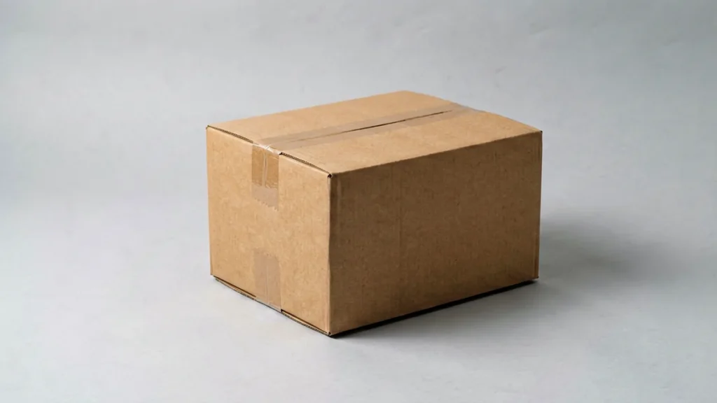 Plain brown cardboard delivery parcel sealed with tape on a light studio surface