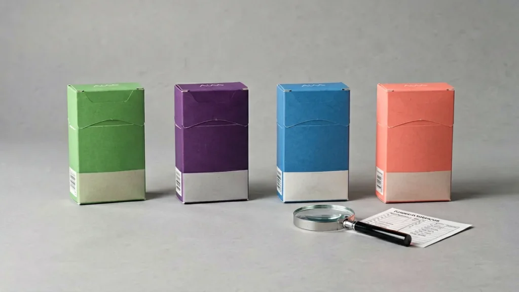 Four unbranded adult tobacco catalogue boxes arranged for a capsule listing comparison