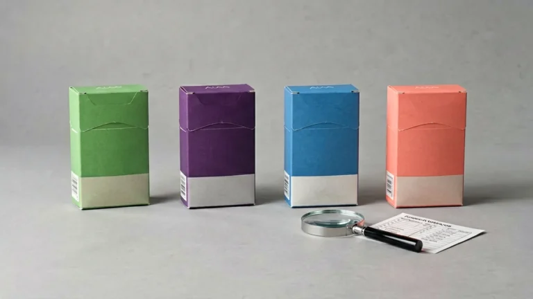 Four unbranded adult tobacco catalogue boxes arranged for a capsule listing comparison