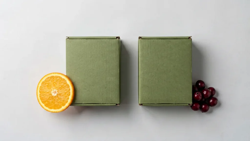 Two plain unbranded olive-green carton boxes on a light grey background, one beside an orange slice and one beside wine-red berries, illustrating the two ESSE Change Double Applemint listing variants