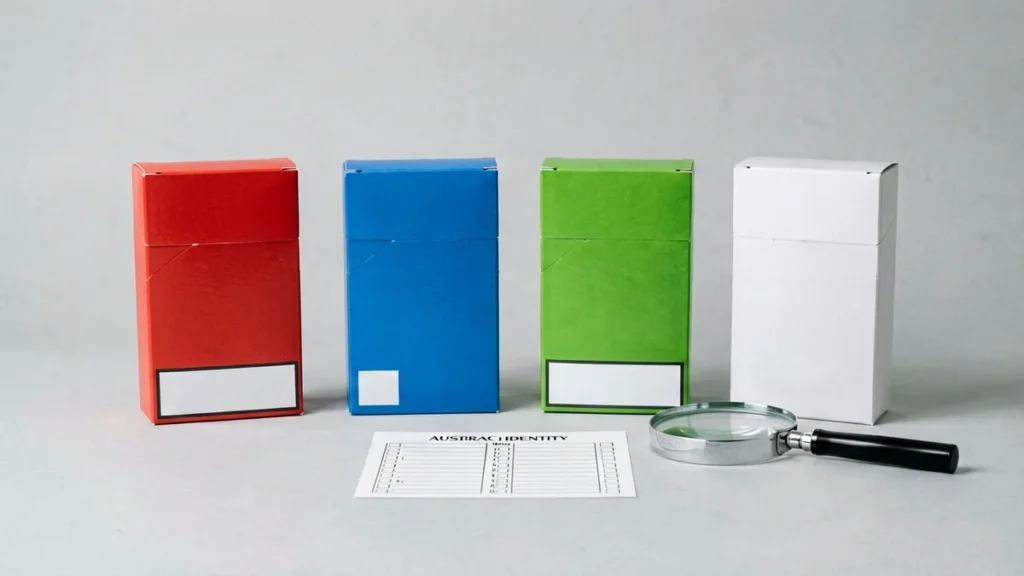 Four unbranded red, blue, green and white catalogue boxes beside a product identity checklist