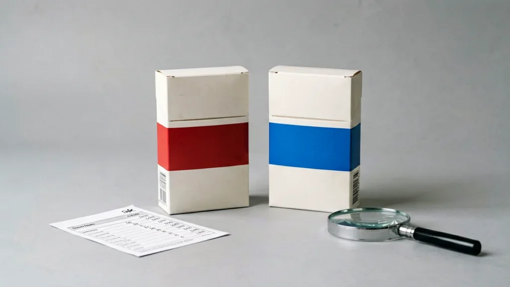 Two plain red and blue adult tobacco catalogue boxes beside a price comparison sheet