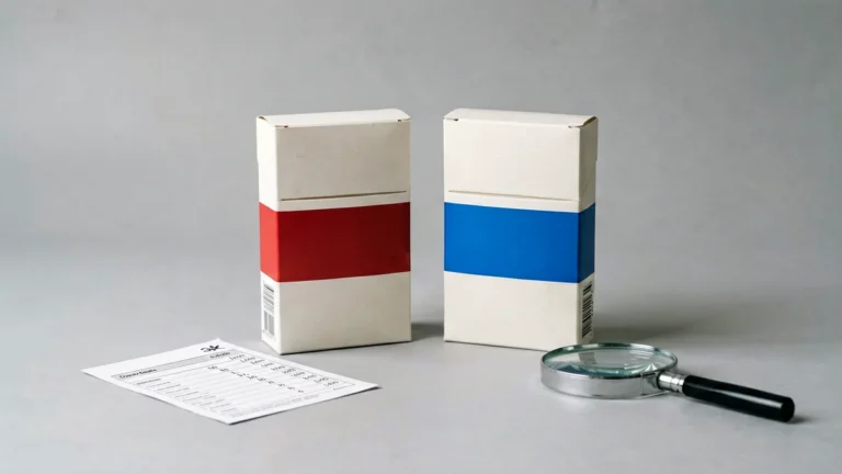 Two plain red and blue adult tobacco catalogue boxes beside a price comparison sheet