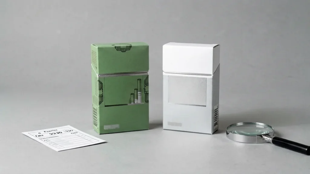 Two unbranded green and white Super Slim catalogue boxes beside a price and format checklist