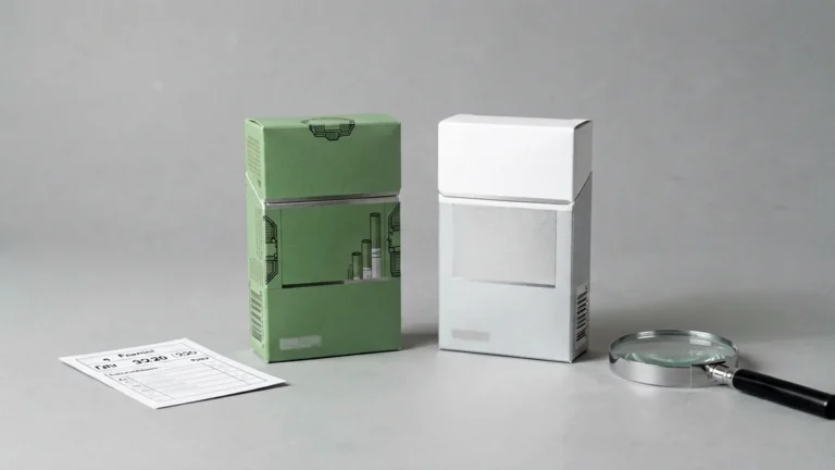 Two unbranded green and white Super Slim catalogue boxes beside a price and format checklist