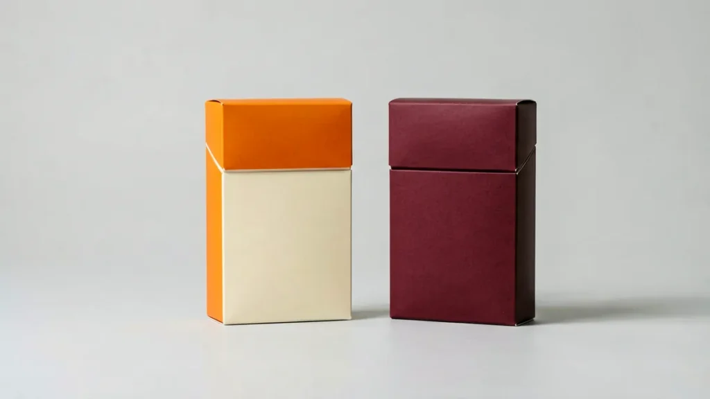 Two unbranded rectangular carton boxes side by side on a light-grey studio surface, the left box in orange tones and the right box in wine-burgundy tones