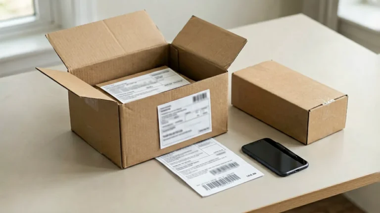 Open shipping carton, packing slip and phone prepared for an incorrect-item support request