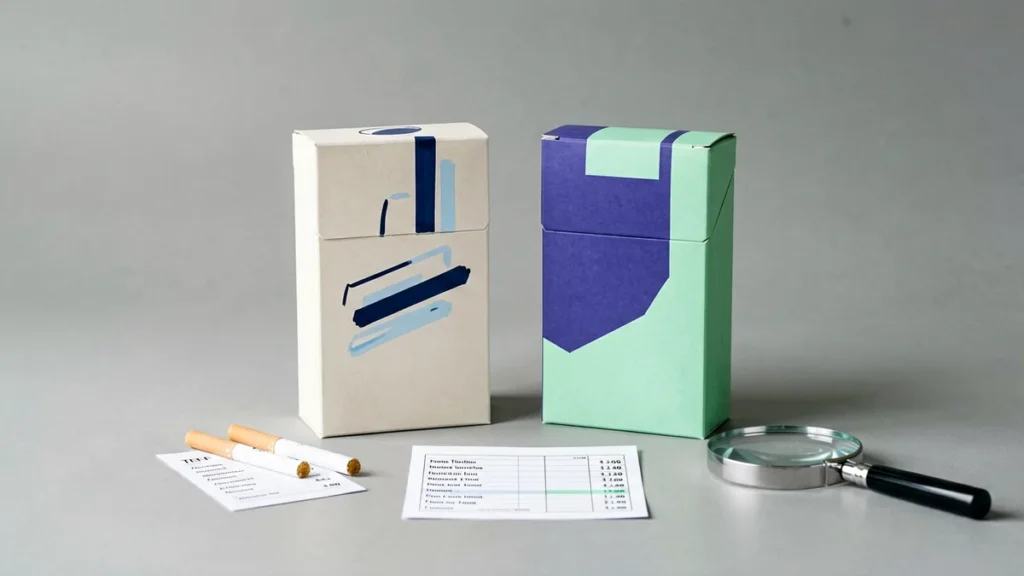 Two unbranded blue adult tobacco catalogue boxes beside a price comparison sheet